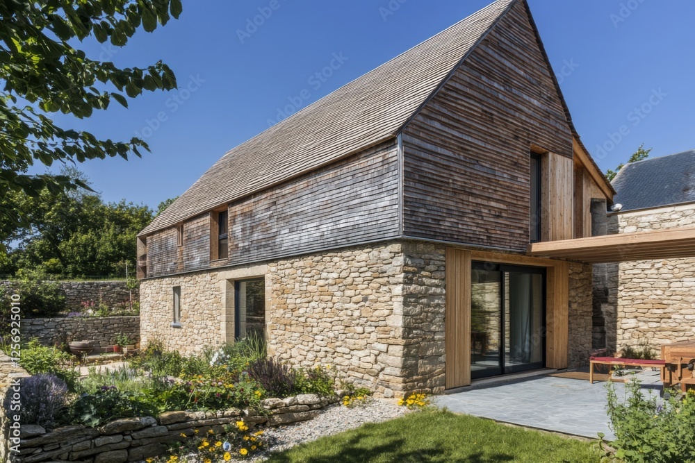 Modern rustic house surrounded by lush greenery in a sunny landscape featuring a combination of wood and stone materials Modern rustic house surrounded by lush greenery in a sunny landscape featuring a combination of wood and stone materials