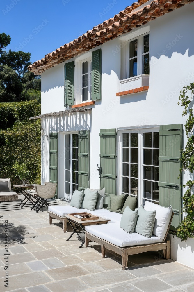 Charming exterior of a white house with green shutters, showcasing a cozy patio setup in a sunny garden atmosphere, adorned with natural greenery and inviting seating arrangements Charming exterior of a white house with green shutters, showcasing a cozy patio setup in a sunny garden atmosphere, adorned with natural greenery and inviting seating arrangements