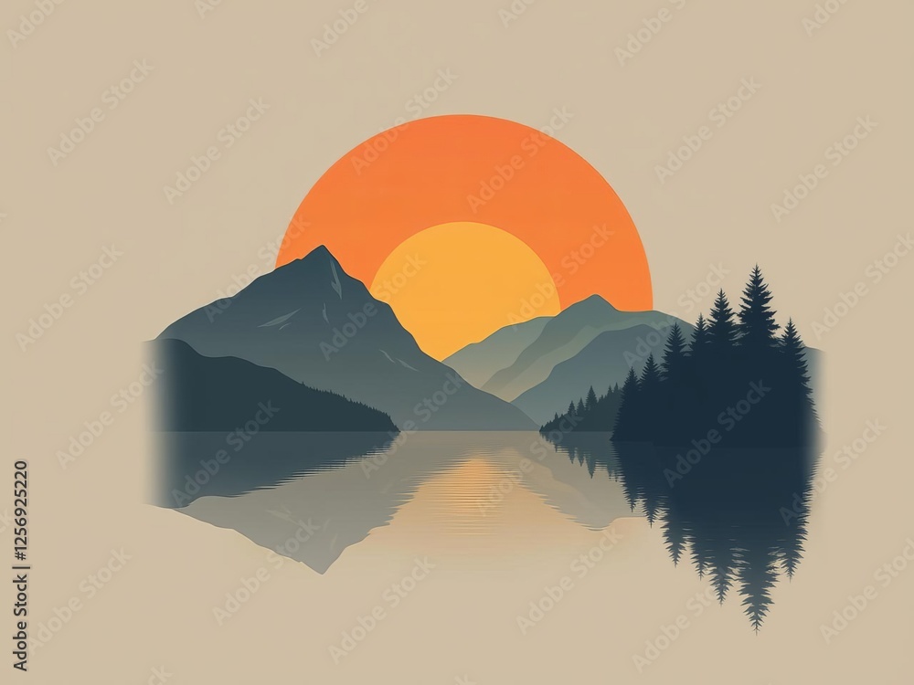 Fototapeta premium Abstract minimalist poster featuring a serene mountain lake at sunset, with a blend of warm colors creating a tranquil atmosphere, art, abstract, poster