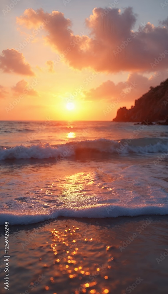 Warm Ocean Sunset A Beach Shoreline Illuminated by Golden Sunset at Sunset Hour. Majestic scene showing orange glow of light horizon sea ocean. Sunset Sky Beach perfect conditions sea view reflection