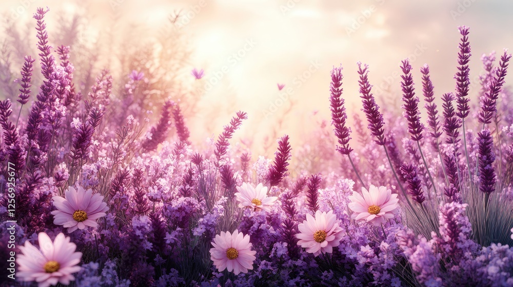 A serene lavender field in full bloom under a soft, glowing sunset with daisies scattered A serene lavender field in full bloom under a soft, glowing sunset with daisies scattered
