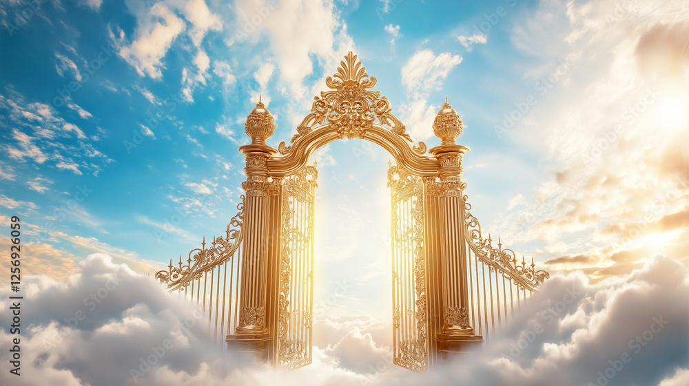 Fototapeta premium Golden gates open in heavenly sky, surrounded by soft clouds and radiant light, creating serene and ethereal atmosphere