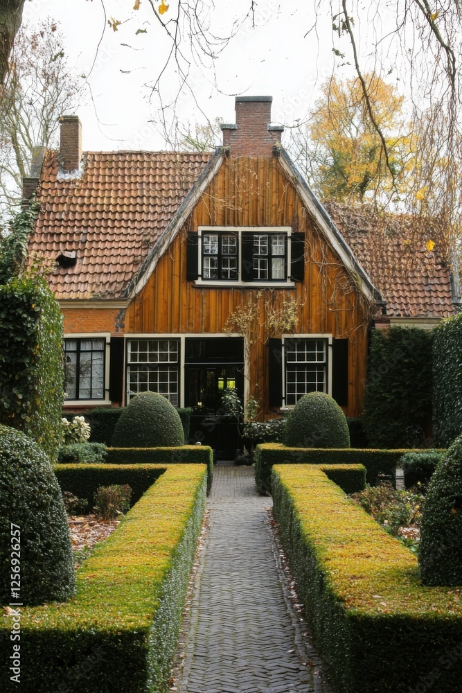 Charming wooden house surrounded by neatly trimmed hedges and vibrant gardens in autumn, showcasing beautiful architecture and seasonal colors in a serene setting Charming wooden house surrounded by neatly trimmed hedges and vibrant gardens in autumn, showcasing beautiful architecture and seasonal colors in a serene setting