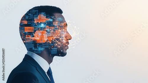 Globally influential business connections.A digital silhouette of a man with a data overlay, symbolizing innovation, technology, and the intersection of human intelligence and artificial intelligence.
