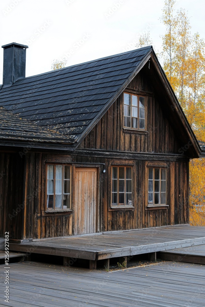 A charming rustic wooden cabin is nestled amidst vibrant autumn foliage, creating a picturesque scene against a serene landscape bathed in the soft light of early evening A charming rustic wooden cabin is nestled amidst vibrant autumn foliage, creating a picturesque scene against a serene landscape bathed in the soft light of early evening