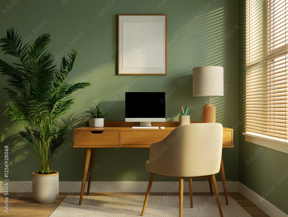 A cozy home office featuring a wooden desk, a computer, a stylish lamp, and a lush plant, all set against a soothing green wall. A cozy home office featuring a wooden desk, a computer, a stylish lamp, and a lush plant, all set against a soothing green wall.
