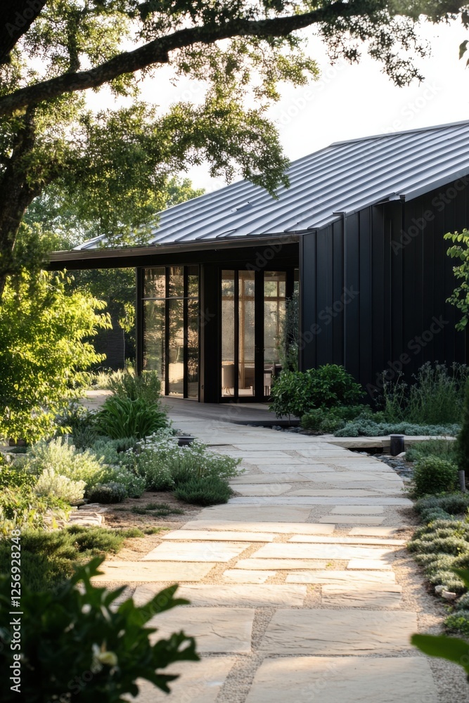 custom made wallpaper toronto digitalA contemporary house nestled amidst vibrant greenery, featuring a charming stone pathway that gently guides visitors to the welcoming entrance on a bright, sunny afternoon