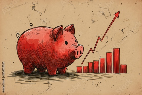 Red Piggy Bank with Growth Chart on Vintage Background photo