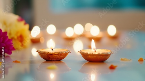 Beautifully Lit Diwali Diyas on a Soft Focus Background Perfect for Festival Celebrations and Home Decor : Generative AI photo