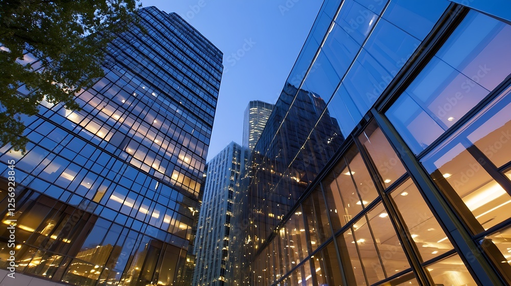 Fototapeta premium Modern glass buildings reaching for the sky under the evening light with reflections and intricate designs : Generative AI