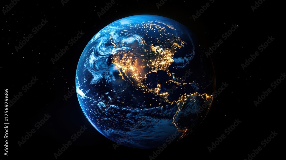 Fototapeta premium Aerial view of earth illuminated by city lights at night showcasing continents and oceans