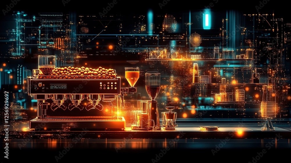 An abstract of glowing coffee beans and vibrant barista equipment silhouettes, An abstract of glowing coffee beans and vibrant barista equipment silhouettes,