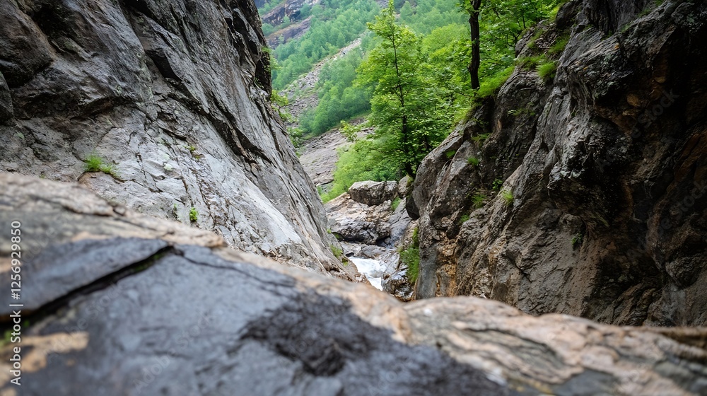 Breathtaking view of rocky cliffs and lush green trees along a winding mountain trail : Generative AI Breathtaking view of rocky cliffs and lush green trees along a winding mountain trail : Generative AI