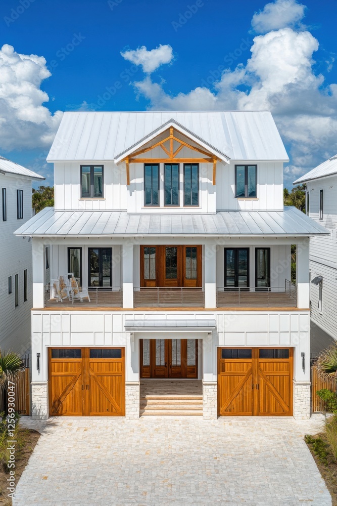 Beautiful modern house with large front porch and wooden garage doors located in a serene neighborhood on a bright sunny day Beautiful modern house with large front porch and wooden garage doors located in a serene neighborhood on a bright sunny day