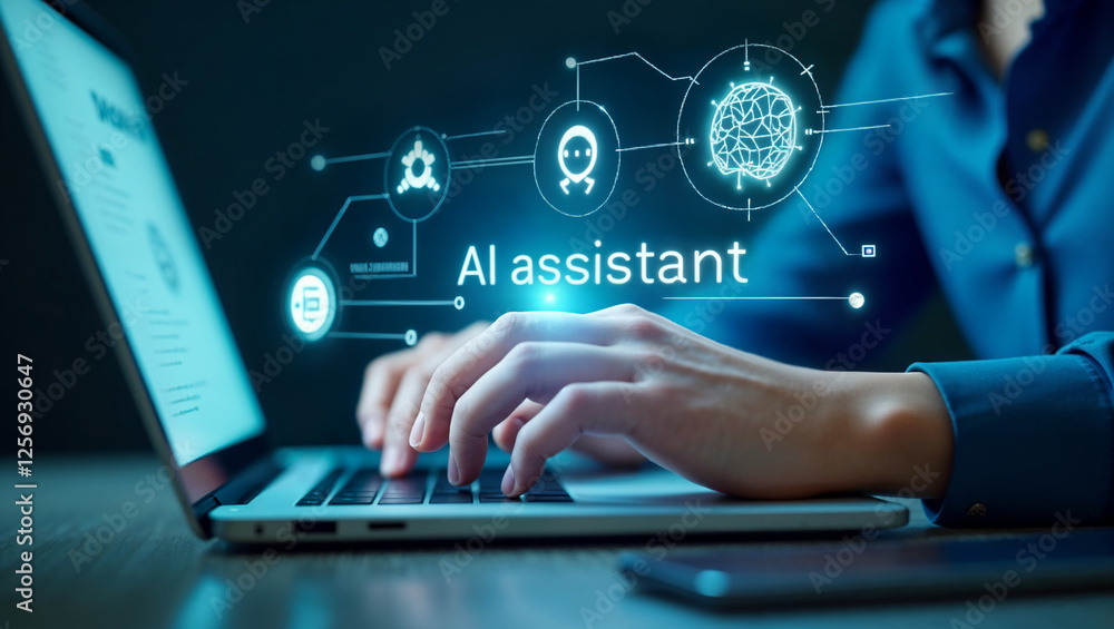Man with laptop and AI assistant dashboard drives agentic workflows for digital transformation Man with laptop and AI assistant dashboard drives agentic workflows for digital transformation
