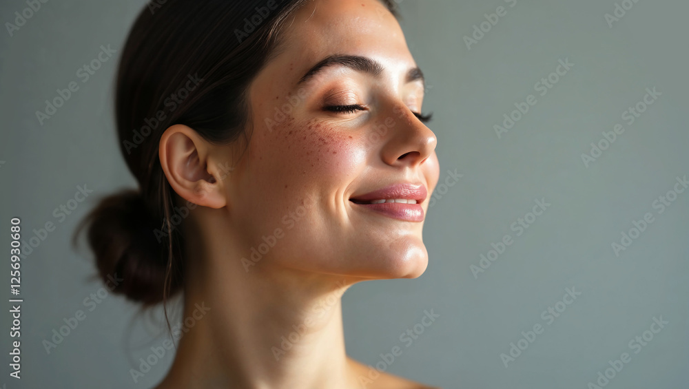 Mature woman with closed eyes radiating natural glow in studio for antiaging skincare and spa beauty therapy Mature woman with closed eyes radiating natural glow in studio for antiaging skincare and spa beauty therapy