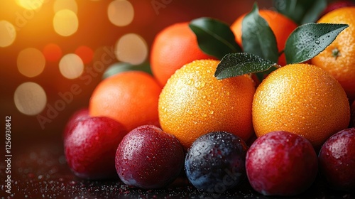 Vibrant close-up of fresh oranges and plums with water droplets, set against a blurred festive background