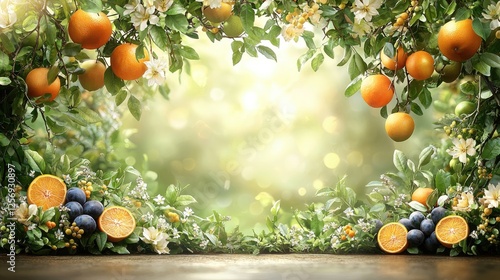 Vibrant citrus fruits and blossoms frame a sunlit garden scene with a dreamy background