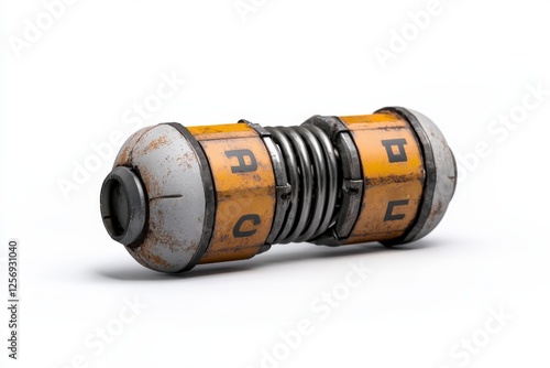 Rusty Mechanical Object with Spring, Unique Design, Industrial Aesthetic, Isolated on White Background