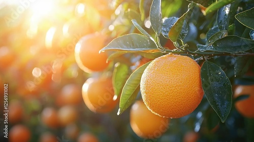 Vibrant orange orchard at sunrise with dew-covered fruit glistening in warm sunlight