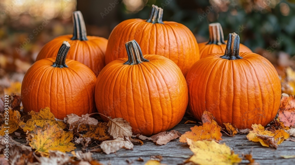 Autumn pumpkins harvest fall leaves wooden surface Autumn pumpkins harvest fall leaves wooden surface