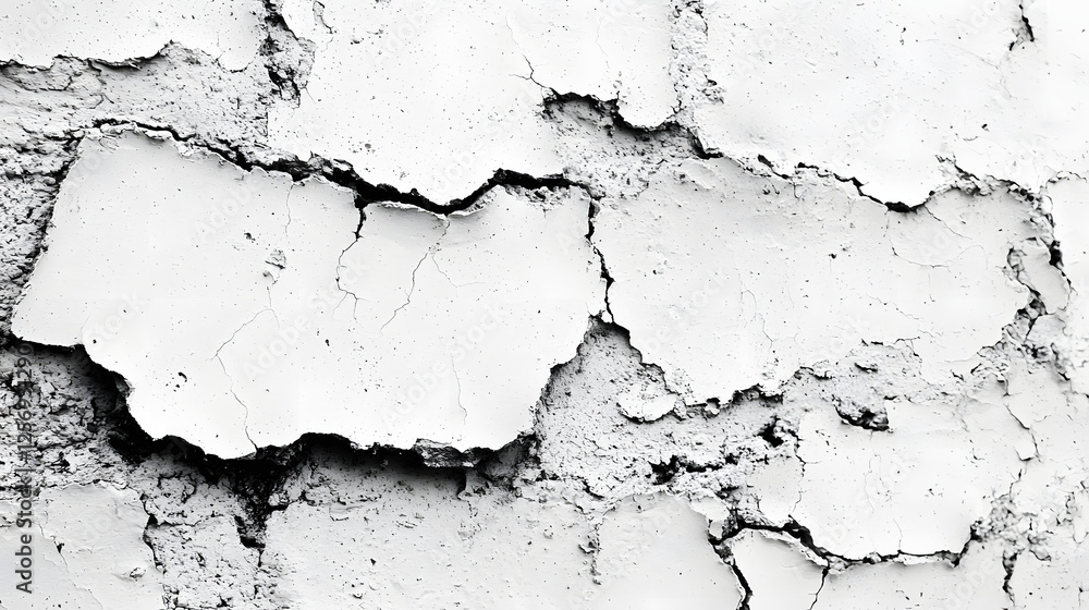 Obraz premium Cracked Plaster Texture: A high-resolution close-up shot reveals the intricate texture of cracked plaster, showcasing a monochrome palette of grays and whites.