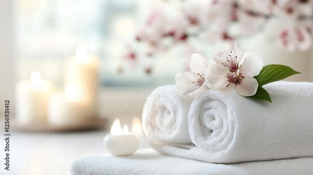 Beautiful home spa setup with towels candles and delicate cherry blossom flower decoration : Generative AI Beautiful home spa setup with towels candles and delicate cherry blossom flower decoration : Generative AI