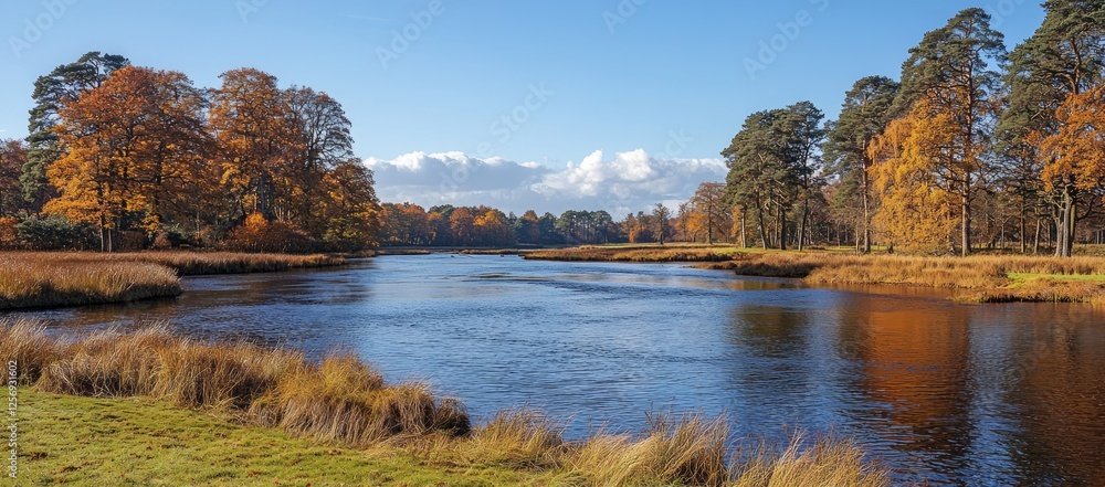 Fototapeta premium Autumn river landscape, tranquil scene, golden trees, sunny day, nature print