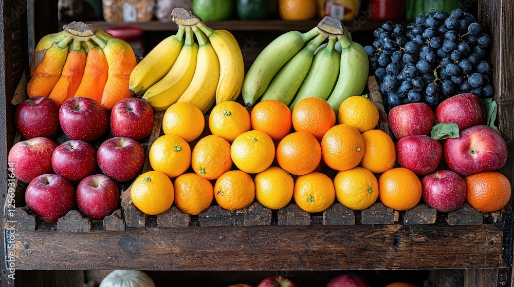 Colorful display of fresh fruits including apples, bananas, oranges, and blueberries on wooden shelves Colorful display of fresh fruits including apples, bananas, oranges, and blueberries on wooden shelves