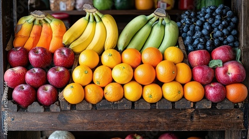 Colorful display of fresh fruits including apples, bananas, oranges, and blueberries on wooden shelves
