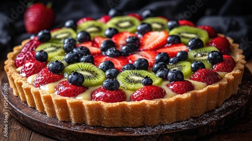 Delicious fruit tart with vibrant strawberries, blueberries, and kiwis on a rustic wooden table