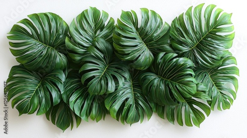Lush arrangement of vibrant green monstera leaves on a white background, ideal for decor