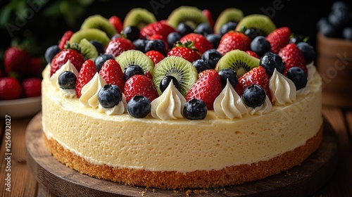 A beautifully decorated cheesecake with fresh strawberries, blueberries, and kiwi on a wooden table