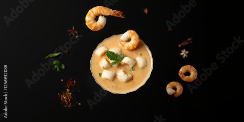 Flying soup Tom Yam with shrimp and spices levitating in low gravity mode on black background, preparation, soup, spices photo