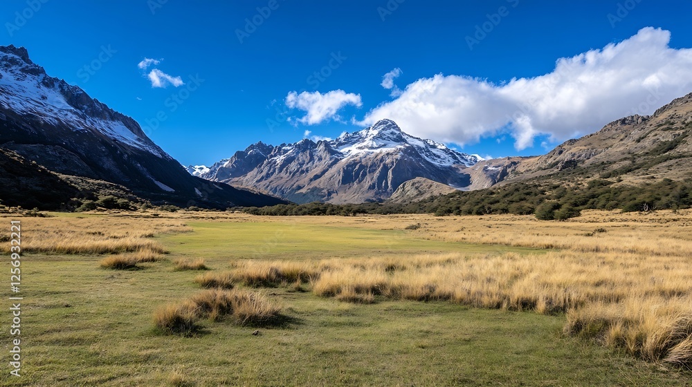 Majestic panoramic view of snowcapped mountains rising above tranquil plains under a bright blue sky : Generative AI Majestic panoramic view of snowcapped mountains rising above tranquil plains under a bright blue sky : Generative AI
