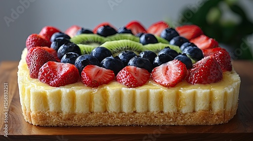 A beautifully decorated fruit cheesecake on a wooden board with fresh berries and kiwi