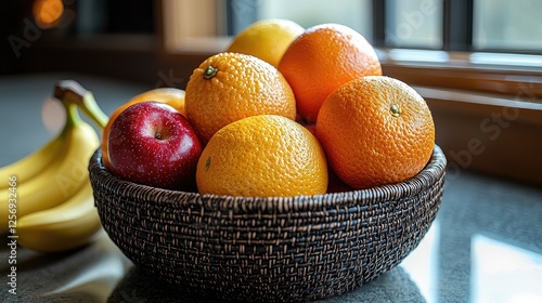 A vibrant bowl of assorted fruits including apples, oranges, and bananas on a kitchen counter