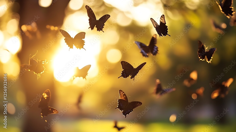Beautiful butterflies gracefully flying in golden sunlight against a blurred background of nature : Generative AI Beautiful butterflies gracefully flying in golden sunlight against a blurred background of nature : Generative AI