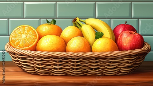 A vibrant basket of fresh fruits including oranges, bananas, and apples on a wooden counter
