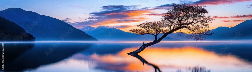 Serene lake at sunset with reflection and mountains Serene lake at sunset with reflection and mountains