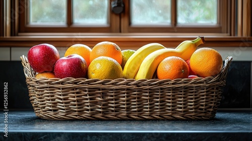 A vibrant basket of assorted fruits including apples, oranges, and bananas on a kitchen counter