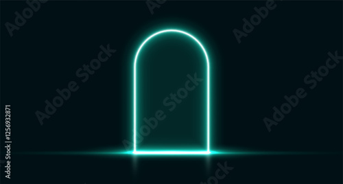 Neon door, teal glowing portal, futuristic arch, magic gate background. Vector illustration.