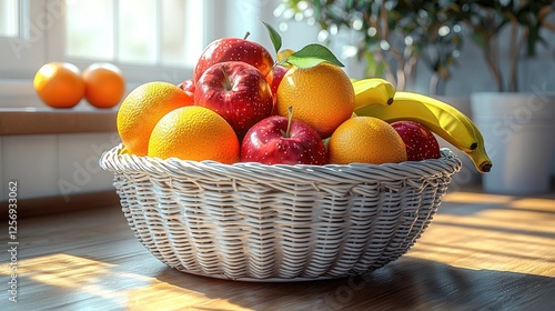 A vibrant basket filled with fresh apples, oranges, and bananas in a sunlit kitchen setting