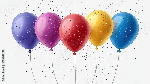 Colorful balloons in a festive celebration, surrounded by confetti in a bright background