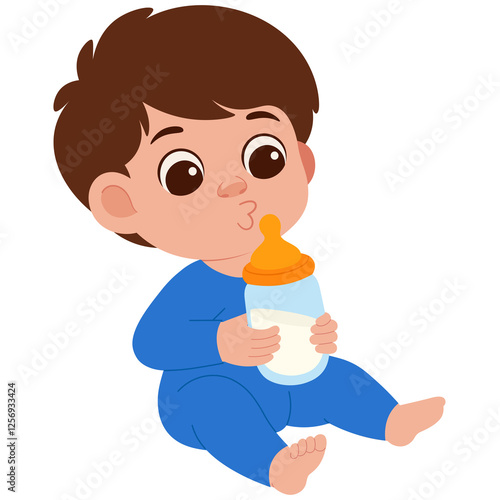 Toddler drinking milk bottle, indoor, illustration photo