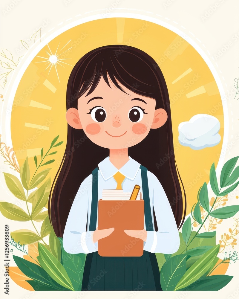 successful investor growth mindset concept. Cheerful girl with long hair holding a notebook, surrounded by greenery and sunlight. successful investor growth mindset concept. Cheerful girl with long hair holding a notebook, surrounded by greenery and sunlight.
