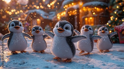 Group of playful penguins enjoying a snowy winter scene near cozy cabins with warm lights