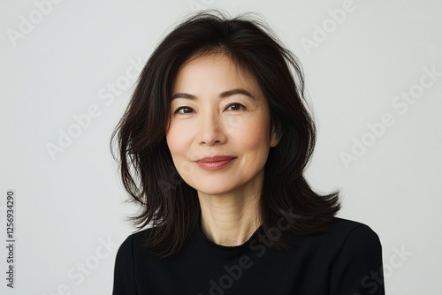 Wallpaper Mural Woman's Portrait:  Smiling Face, Dark Hair, Relaxed Pose, Confident Expression,  Mature Beauty,  Positive Vibes,  Inner Peace,  Self-Assured Demeanor,  Empowering Image,  Natural Elegance. Torontodigital.ca