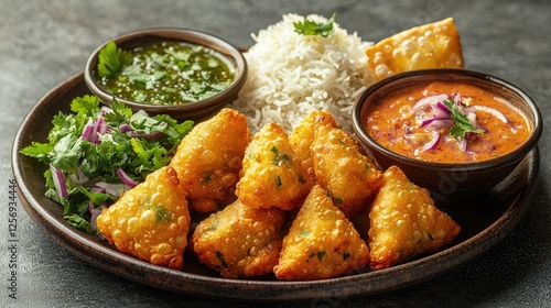 A vibrant platter of golden samosas served with rice, chutney, and a spicy sauce on a rustic table