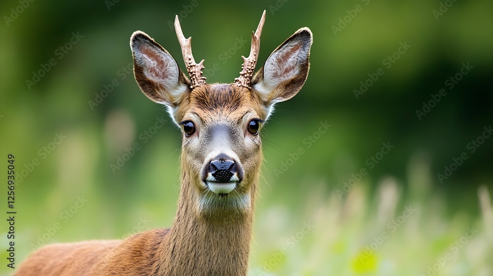 Close up of a young deer with antlers in a lush green meadow showcasing wildlife beauty : Generative AI Close up of a young deer with antlers in a lush green meadow showcasing wildlife beauty : Generative AI
